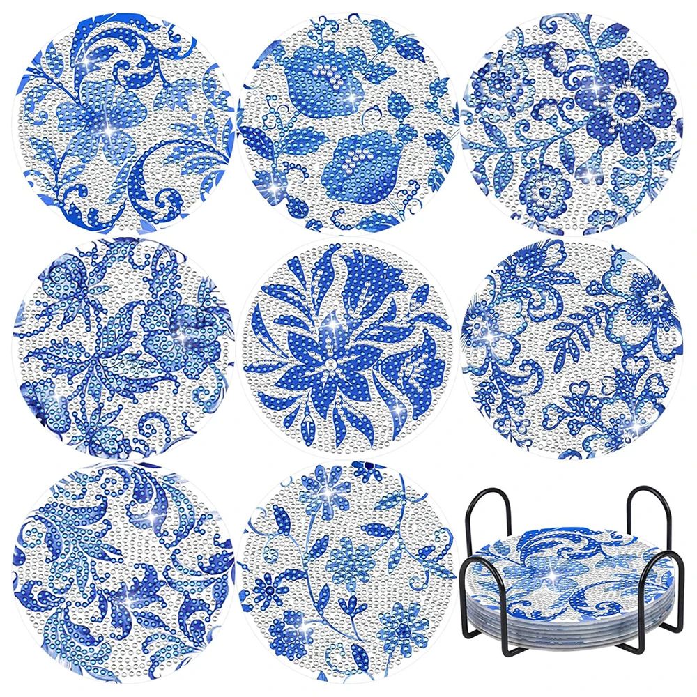 8pcs Blue Floral Diamond Painting Coaster With Holder 5D DIY