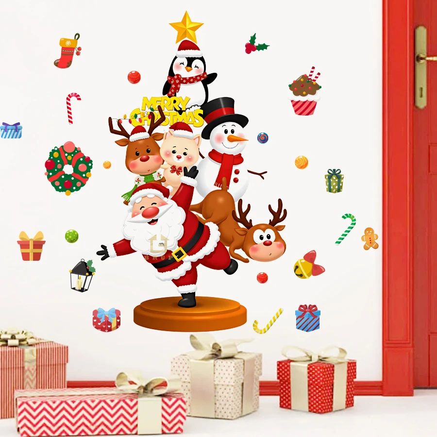 Festive Christmas Wall Art Stickers With Santa Removable PVC