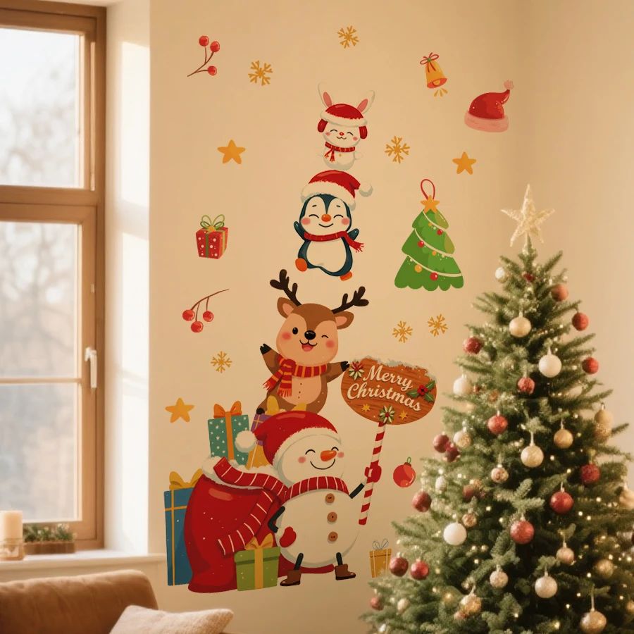 1pc Cartoons Animal Christmas Wall Stickers Removable PVC Ho