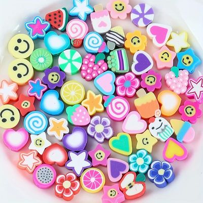 1 Pack 30/100Pcs Random Polymer Clay Stars & Fruit & Flowers