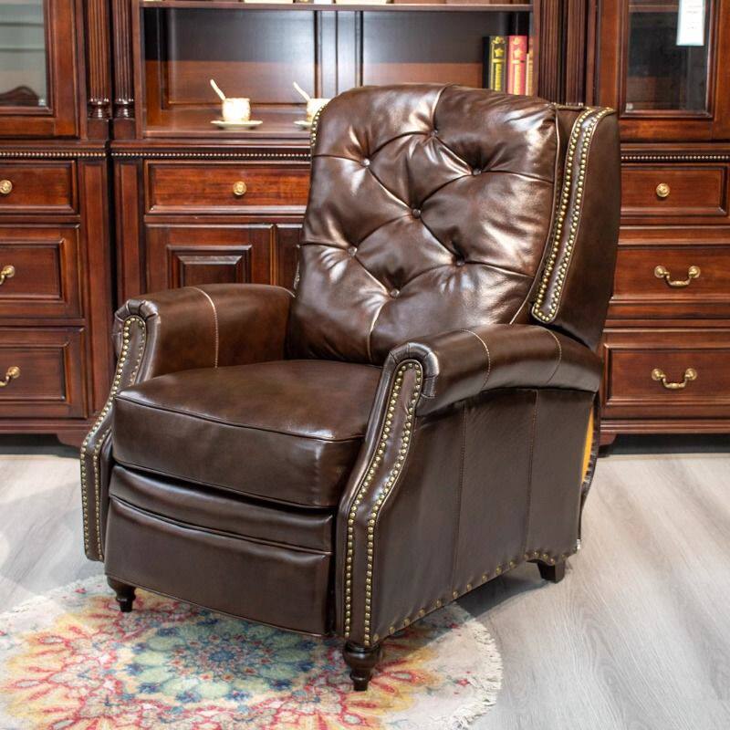 美式复古真皮单人沙发棕色铆钉装饰头层牛皮客厅家具沙发躺椅