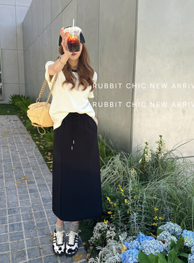 RUBBIT 时髦松弛感 高腰宽腰显瘦好比例休闲中长款半身裙运动裙
