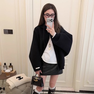 RUBBIT松弛有度 拉链连帽双面羊绒大衣 气质宽松廓形外套女