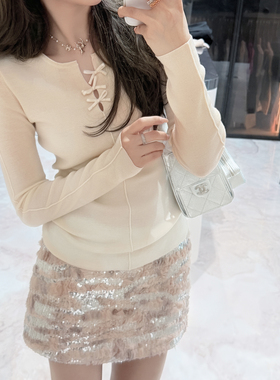 RUBBIT原创‘法式衣橱’气质唯美 V领小蝴蝶结可机洗羊毛针织毛衣