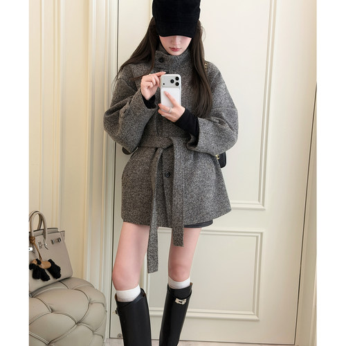 RUBBIT CHIC定制意式手工斜纹羊毛精纺毛呢腰带大衣 温暖气质外套