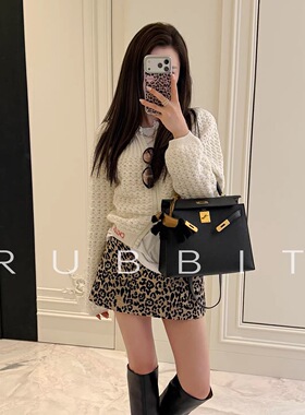 RUBBIT兔兔原创‘一眼沦陷’气质豹纹提花裙裤显瘦中腰小包臀短裙