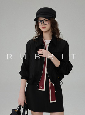 RUBBIT CHIC随性又显瘦 黑色翻领收腰抽绳夹克 休闲短款拉链外套