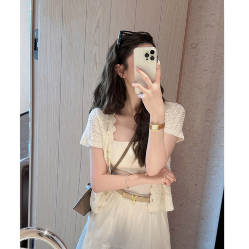 RUBBIT“破茧成蝶”日式和纸纱手工钩花V领开衫 法式针织短袖上衣