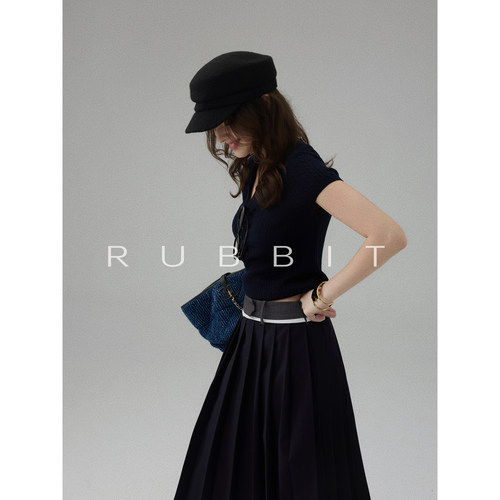 RUBBIT CHIC 高智miu系百褶裙 撞色过膝中长款A字半身裙 学院百搭