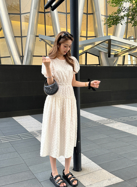 RUBBIT夏季新品 温柔韩系氛围感波点长裙 气质奶油提花收腰连衣裙