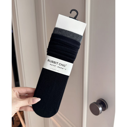 RUBBIT气质坑条纹拼色长袜子 压力显瘦腿长堆堆中筒小腿袜