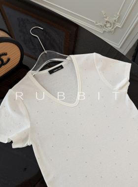 RUBBIT CHIC超舒服真丝亚麻 精致烫钻弹力短袖V领弧度T恤上衣女