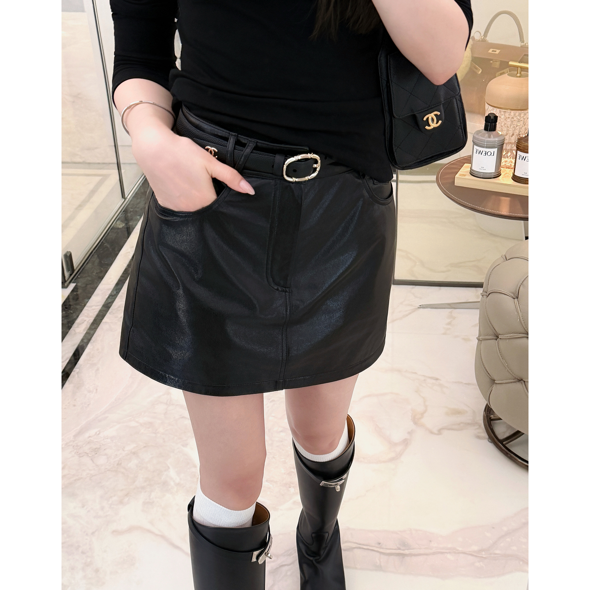 RUBBIT “搭配显贵”真皮小A摆半裙高腰百搭短裙裙裤 进口小羊皮