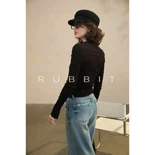 气质松弛感显瘦纸片人V领翻领针织假开衫 上衣 新品 RUBBIT2026春季