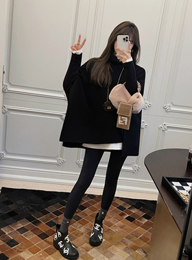 RUBBIT冬新品 高阶时髦感 双面羊绒针织斗篷款宽松慵懒蝙蝠袖大衣