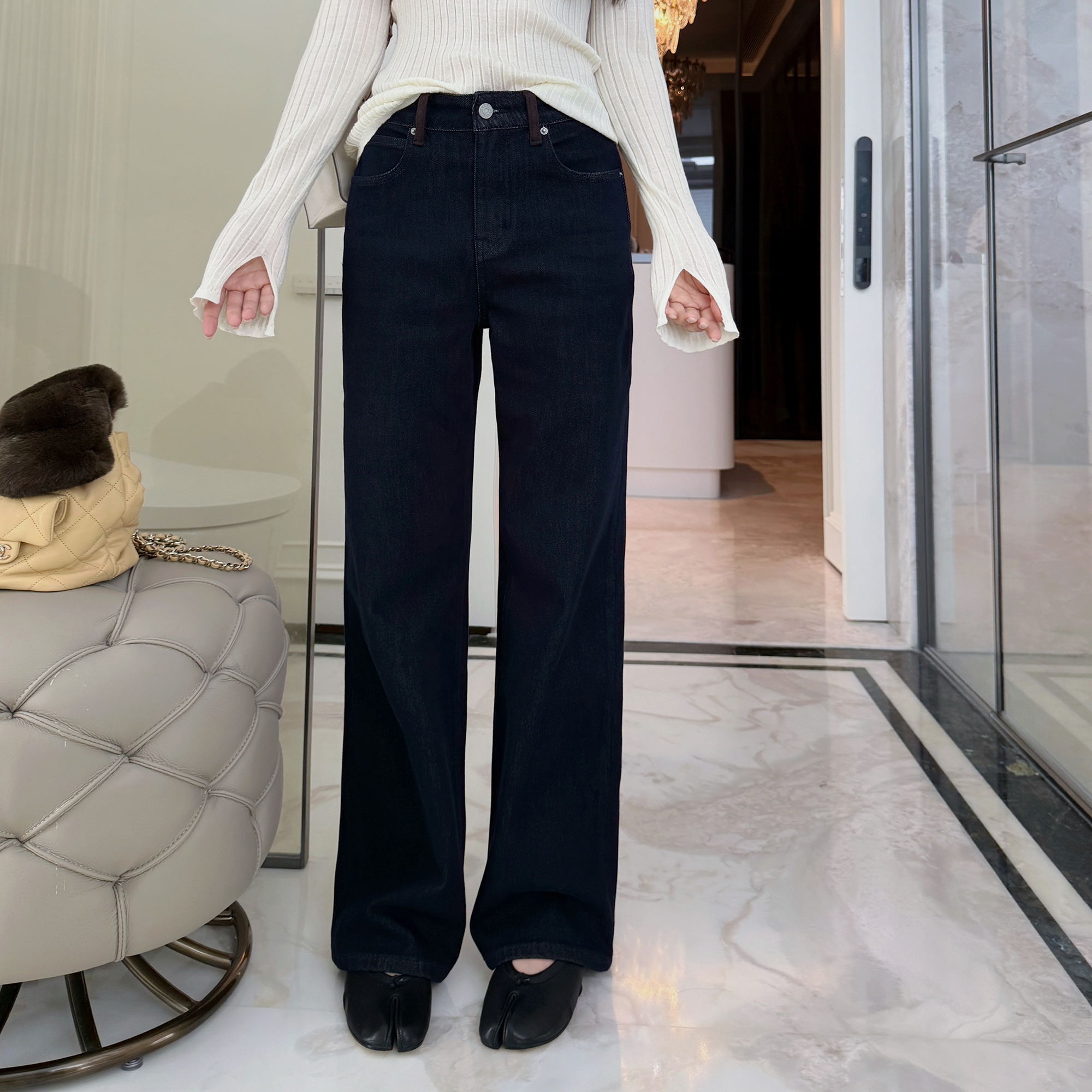 RUBBIT好版型巨百搭！薄绒直筒大长腿牛仔裤 高腰微阔显瘦长裤女