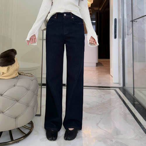 RUBBIT好版型巨百搭！薄绒直筒大长腿牛仔裤 高腰微阔显瘦长裤女