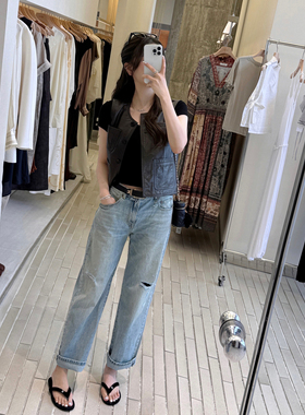 RUBBI夏季新品私服 休闲时髦复古破洞微阔九分裤 显瘦直筒牛仔裤