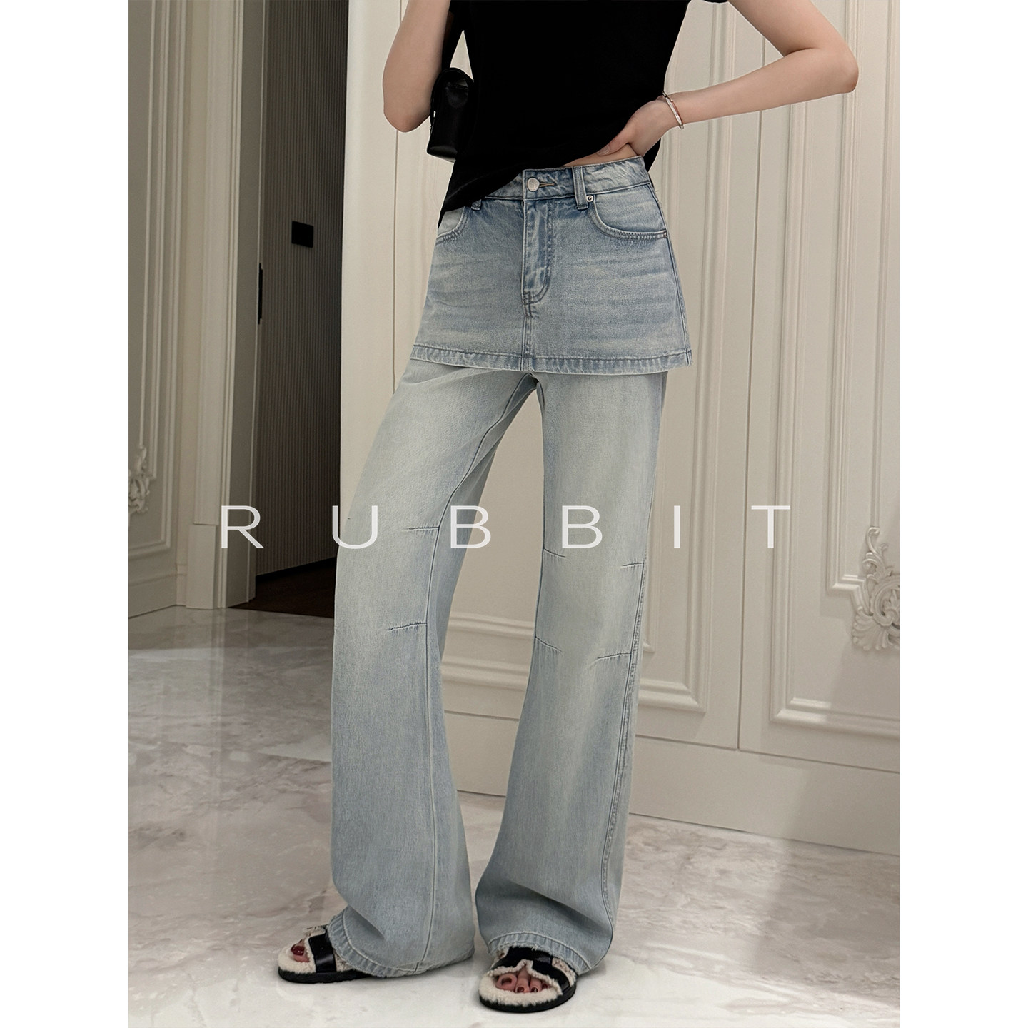 RUBBIT CHIC 穿出爱豆感！小众设计感假两件屁帘直筒牛仔裤女