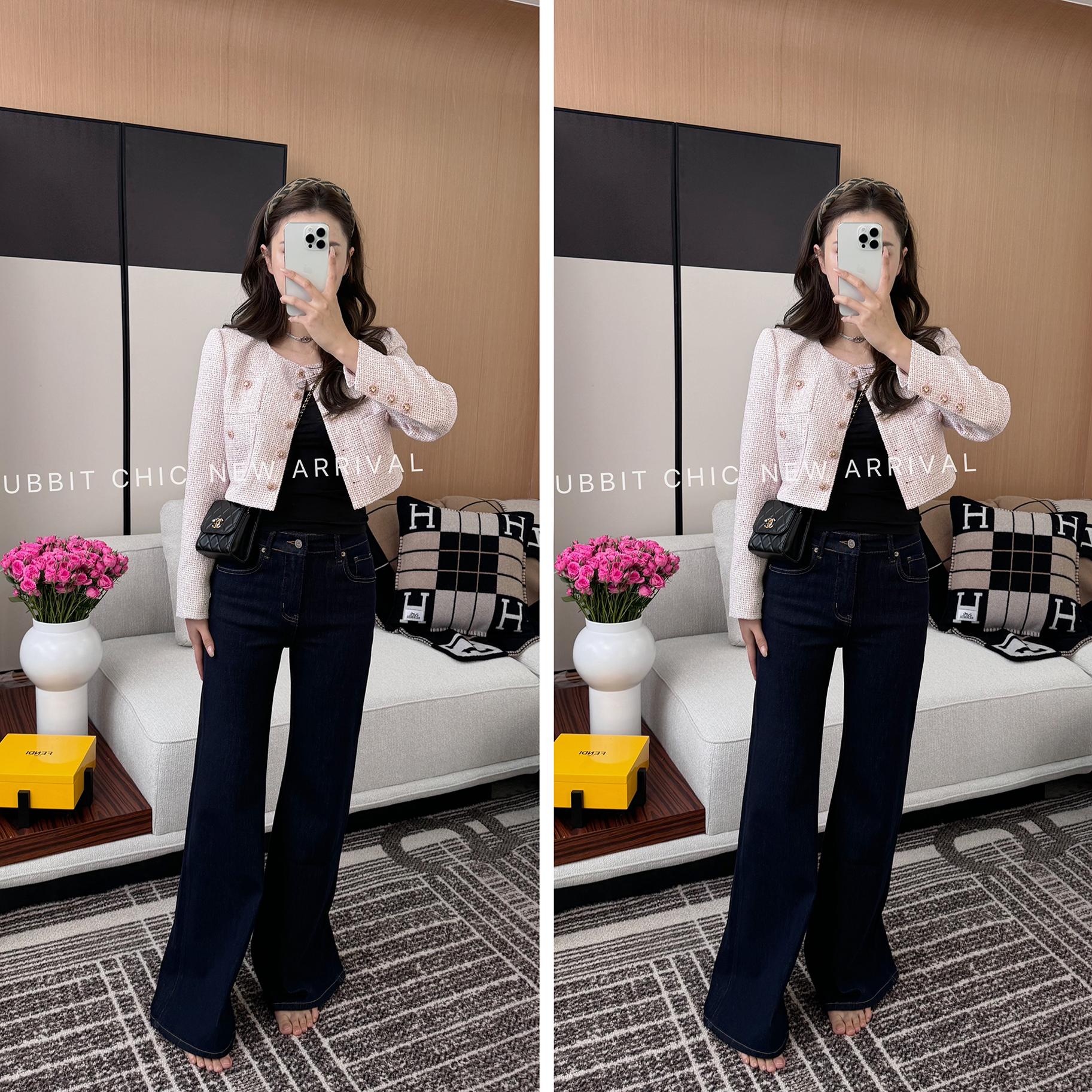 RUBBIT秋季温柔色 重工扣进口面料小香粉色短外套 正肩薄粗花呢