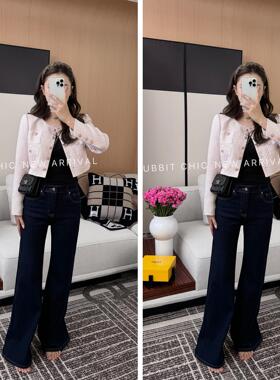 RUBBIT秋季温柔色 重工扣进口面料小香粉色短外套 正肩薄粗花呢