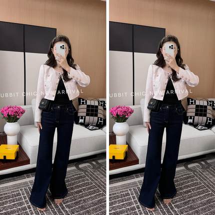 RUBBIT秋季温柔色 重工扣进口面料小香粉色短外套 正肩薄粗花呢