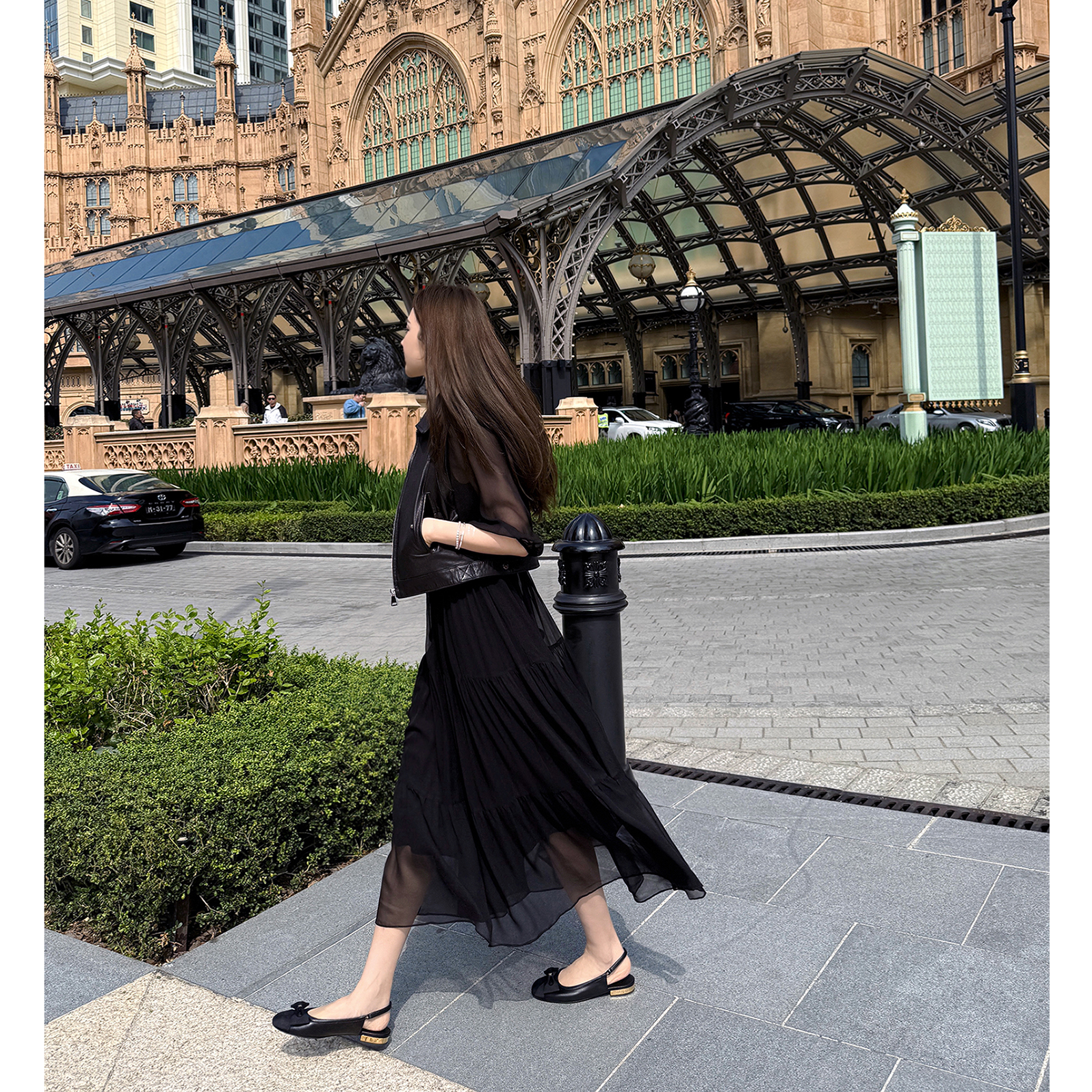 RUBBIT春夏新品优雅法式真丝连衣裙 轻薄飘逸桑蚕丝A摆小黑裙长裙