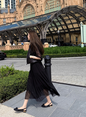 RUBBIT春夏新品优雅法式真丝连衣裙 轻薄飘逸桑蚕丝A摆小黑裙长裙