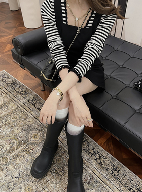 RUBBIT秋冬新品 气质显瘦小黑裙 百搭高腰线小收腰西装马甲连衣裙