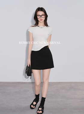 RUBBIT夏新品 薄背直角肩T恤 刺绣领多色简约基础显瘦短袖上衣女