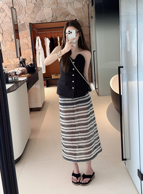 RUBBIT夏日新品 若隐若现黑白钩花镂空半裙 气质针织中长款半身裙