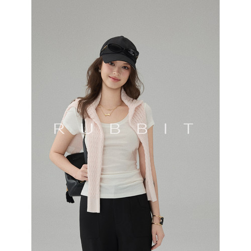 RUBBIT夏季新品 极简气质风大U领短袖T恤 修身显瘦天丝羊毛上衣女