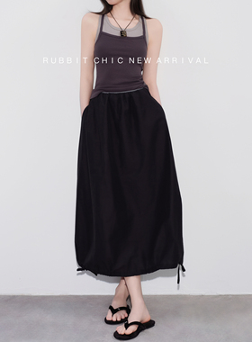 RUBBIT优雅花苞型中长款半身裙 精致蝴蝶结下摆松紧高腰长裙子