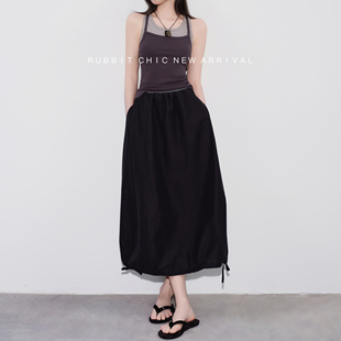 RUBBIT优雅花苞型中长款半身裙 精致蝴蝶结下摆松紧高腰长裙子