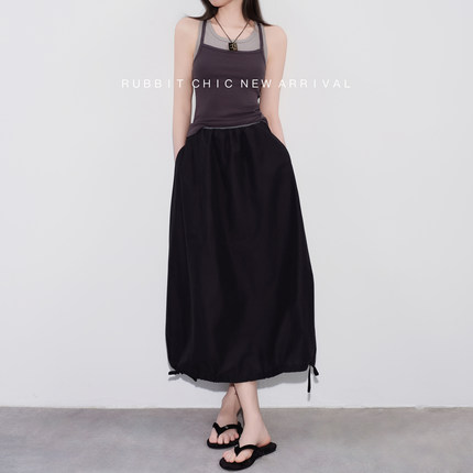 RUBBIT优雅花苞型中长款半身裙 精致蝴蝶结下摆松紧高腰长裙子