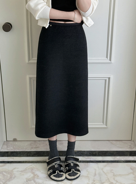 RUBBIT高腰好比例 立裁松紧腰直筒半裙 羊毛软毛呢中长款半身裙