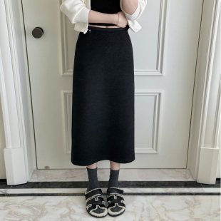 半身裙 羊毛软毛呢中长款 RUBBIT高腰好比例 立裁松紧腰直筒半裙