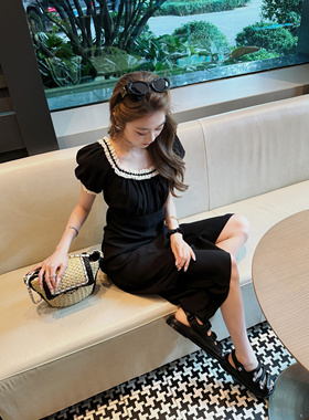 RUBBIT夏日新品 法式撞边大U领公主裙 气质显瘦赫本风长款连衣裙