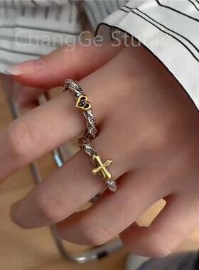 ChangGe Studio 个性冷淡风爱心十字架扭曲戒指复古做旧小众设计