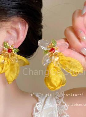 ChangGe Studio 超仙耳环黄色雪纺花朵个性夸张耳饰耳钉耳坠新款