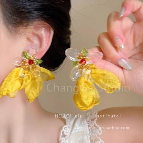 ChangGe Studio 超仙耳环黄色雪纺花朵个性夸张耳饰耳钉耳坠新款