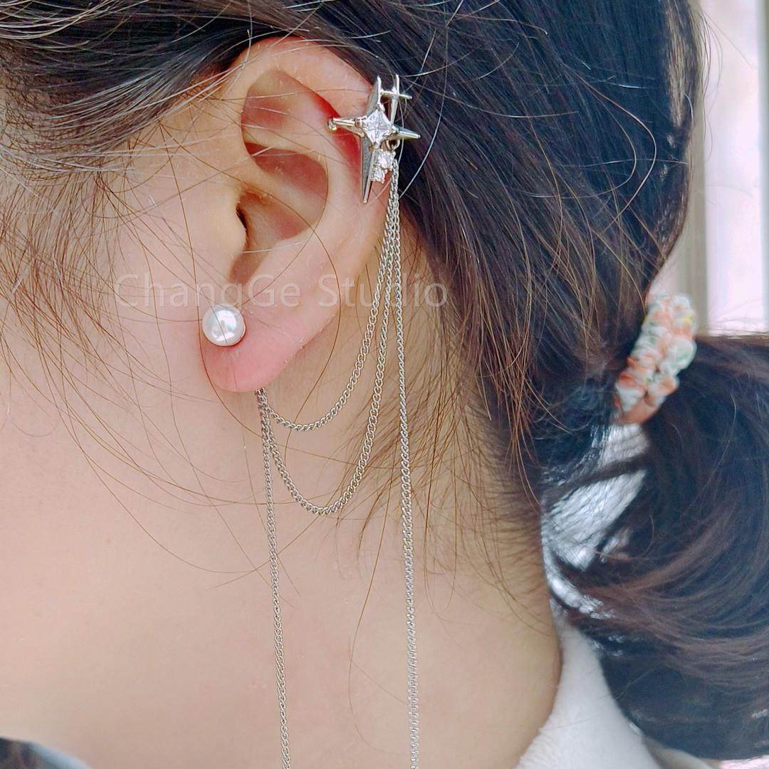ChangGe Studio 冷淡风芒星珍珠流苏耳骨夹耳钉一体ins潮小众百搭
