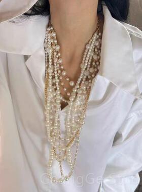 ChangGe Studio 跨境电商欧美夸张多层珍珠项链耳环套装女长款气