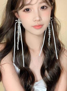 ChangGe Studio 法式慵懒白色丝带长款流苏耳环芭蕾显脸小耳饰春