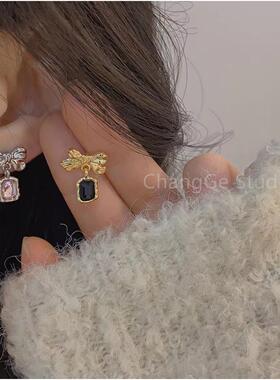ChangGe Studio 新款潮日韩金属感方钻蝴蝶结耳钉女小众设计感冷