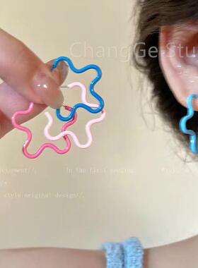 ChangGe Studio 蓝色渐变小花滴釉耳环女款夏季甜美少女心耳钉多