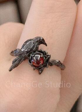 ChangGe Studio 新款暗黑风乌鸦戒指指环女黑色时尚简约开口可调