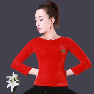 糖豆广场舞服装秋冬装女新款金丝绒长袖上衣拉丁舞服装加绒跳舞衣