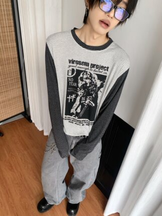 「Ueshima」美式复古拼色条纹印花长袖T恤cleanfit宽松慵懒上衣男