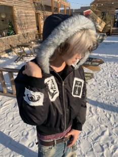 「Ueshima」*贪婪十字架*轻亚风连帽毛领棉服短款夹棉加厚外套男